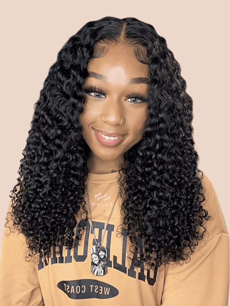 24'' (250% Density) UNice Put On And Go Pre Cut Lace Wig Transparent Lace Curly Black Quick & Easy Glueless Air Wig