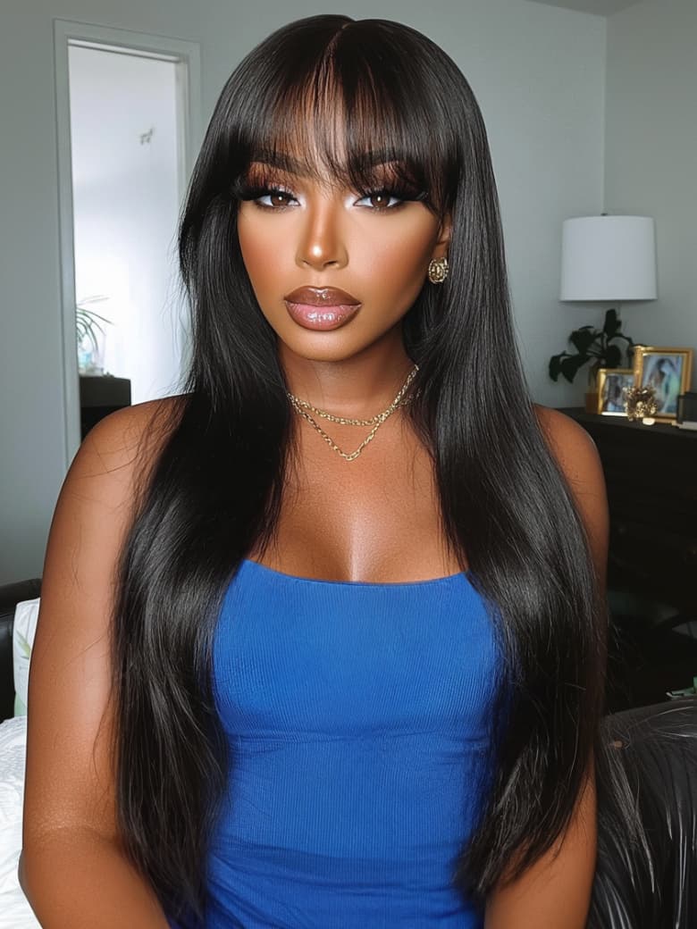 UNice Black Yaki Wig Human Hair Glueless Wig with Blunt Bangs With Wispy Air Bangs