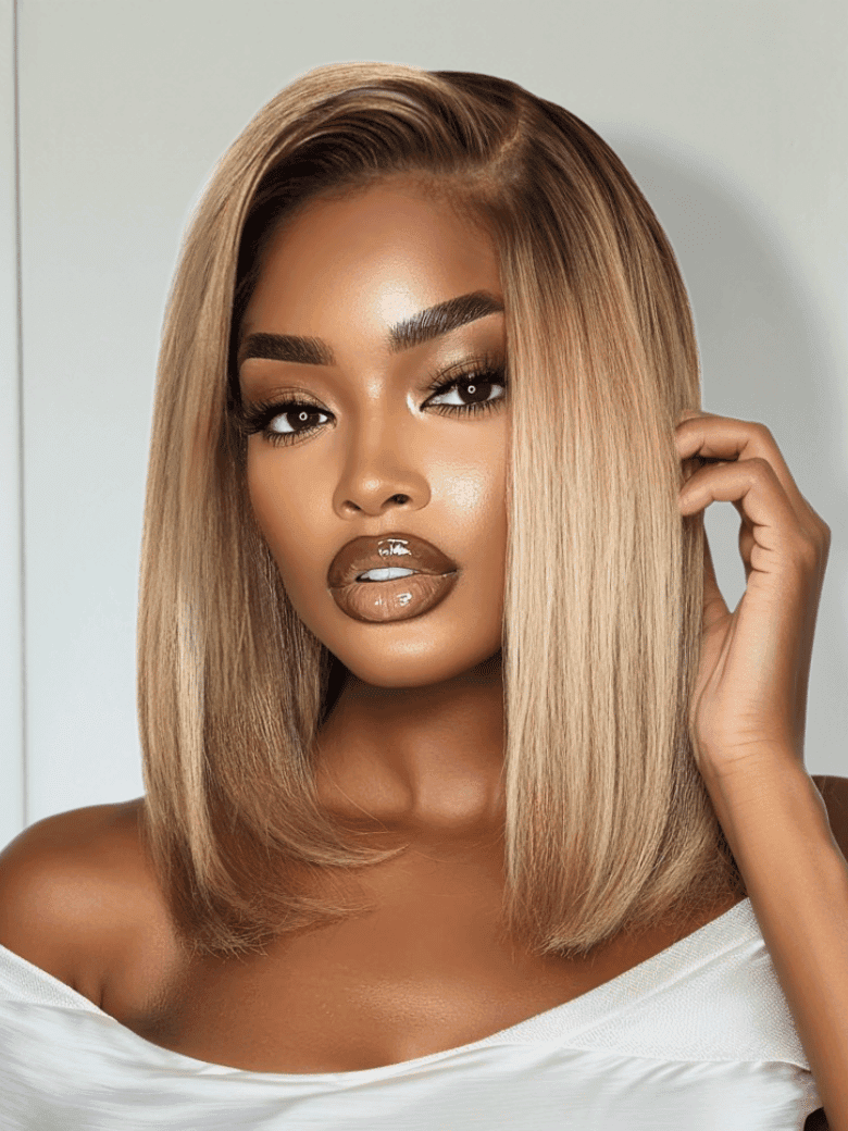 UNice 7x5 Bye-Bye Slip Blonde with Brown Roots Side Part Blunt Bob Drawstring Wig 150% Density