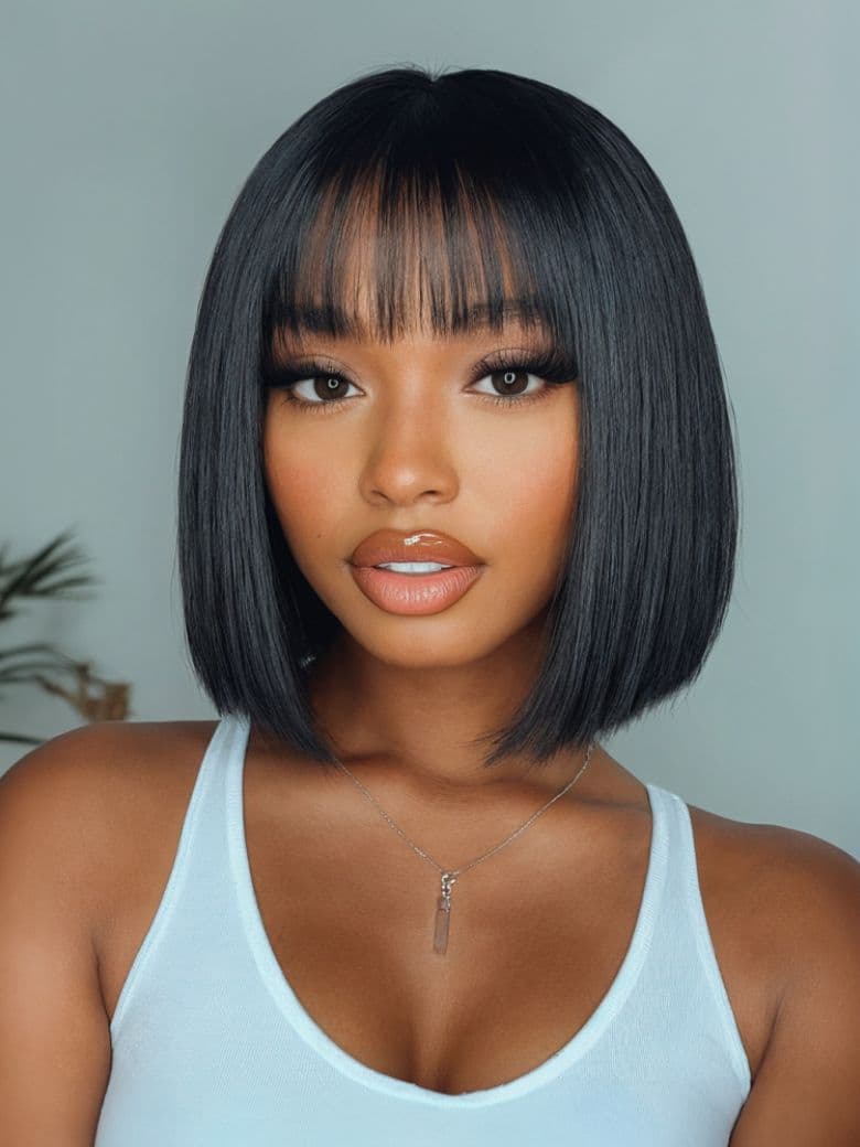 Glueless Straight Bob Wig Black Wig Human Hair with Blunt Bangs