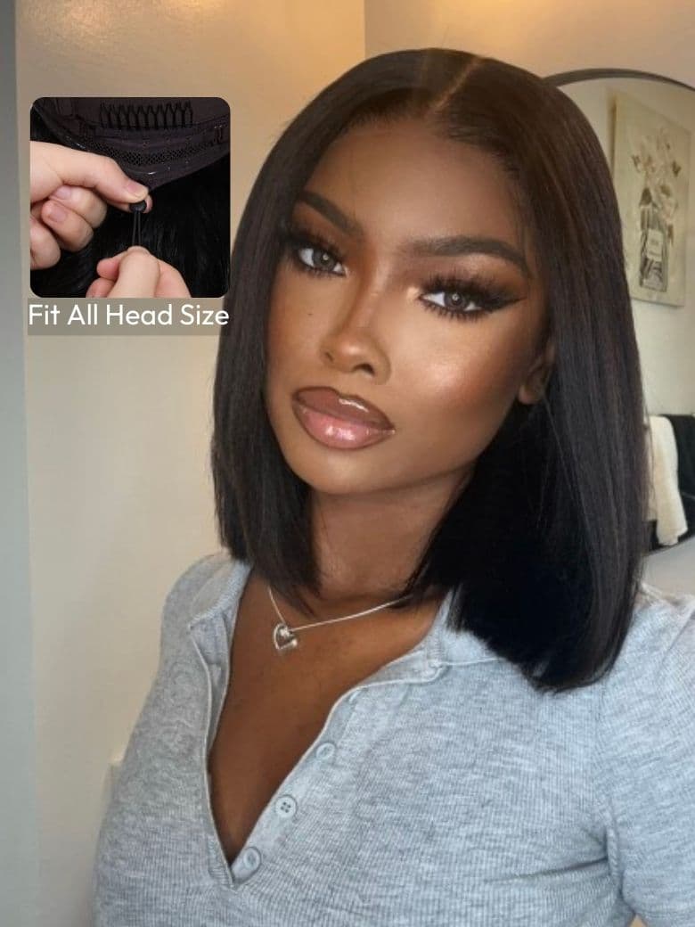 7x5 Bye Bye Knots™ Drawstring Wig Black Yaki Bob Glueless Bleached Knots Wig With Invisi Drawstring