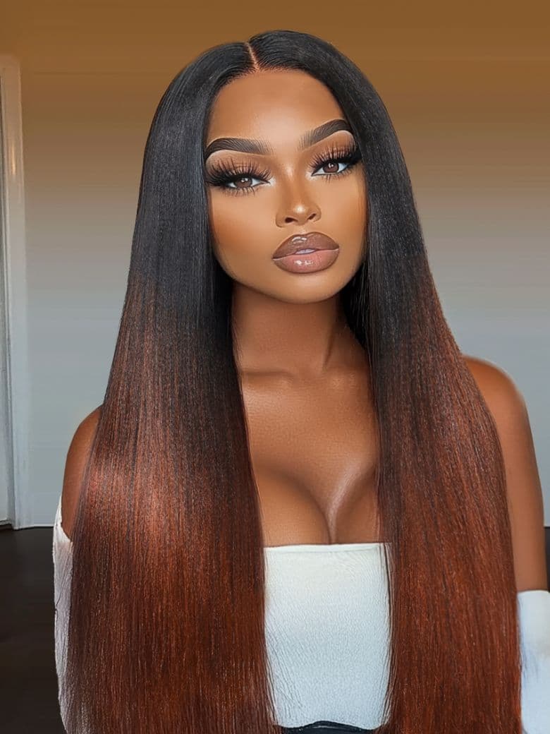 [From 18''] Real Scalp Eye-Catching Black and Reddish Brown Ombre Color Upgraded V Part Natural Yaki Wig