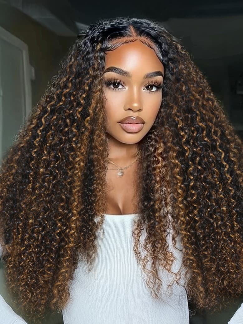 [With Drawstring] UNice EasiContour™ V Part Brown Highlights with Dark Roots Jerry Curly Wig 180% Density Hair