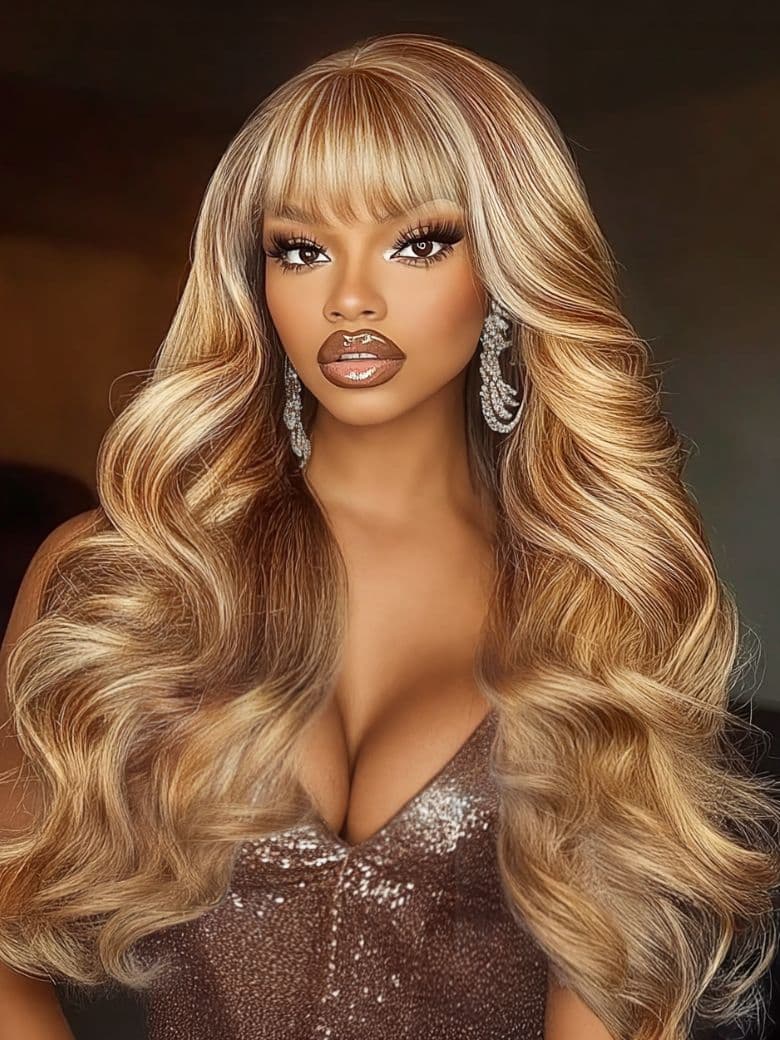 13x4 Pre-Everything™ Lace Frontal Honey Blonde Highlights Fluffy Loose Wave Full Bangs Wig