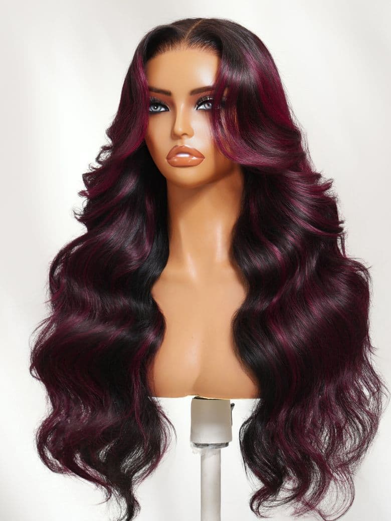 13x4 Pre-Everything™ Lace Frontal Black With Burgundy Highlights Loose Wave Wig with Face Framing Layers