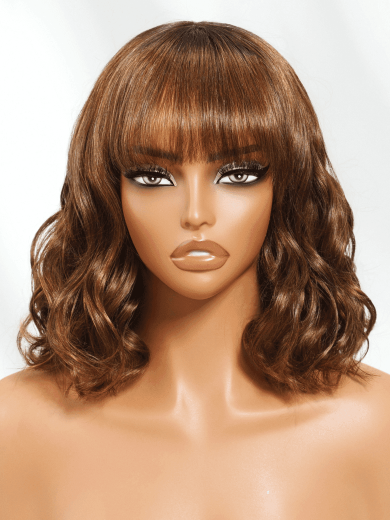 Chic Brown Bob Wig 4x2 Lace with Bangs Soft Waves Effortless Style Wig
