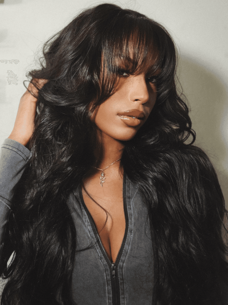 13x4 Pre-Everything Black Loose Wave Curtain Bangs Wig & Side-Part Fluffy Loose Wave Wig With Wispy Air Bangs