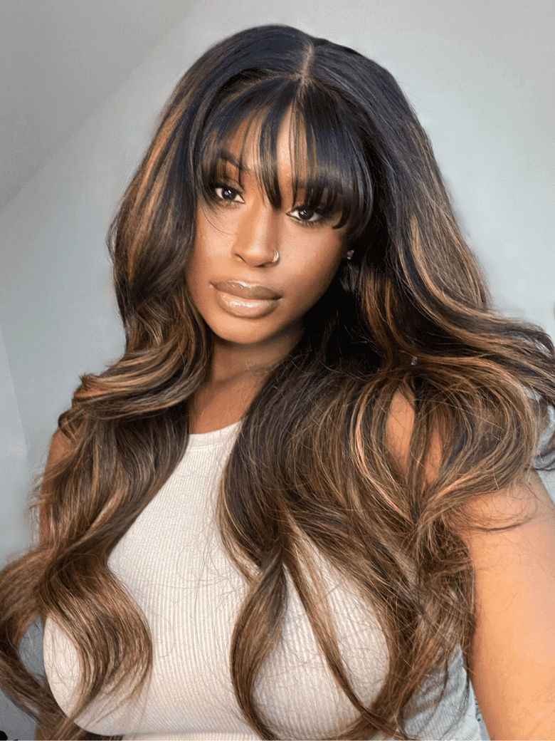13x4 Pre Everything & 7x5 Bye-Bye Knots™ Lace 180% Density Fluffy Balayage Highlights & Natural Loose Wave Curtain Bangs Wig