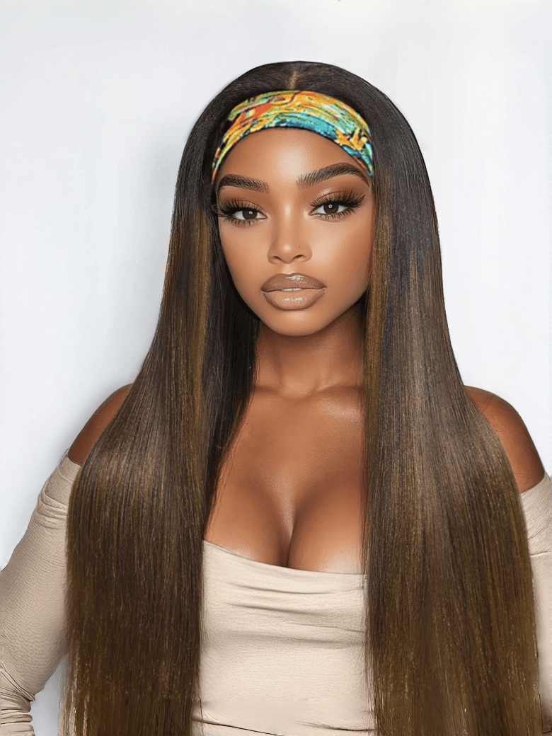 From 20'' Low Maintenance Put On & Go Yaki Straight Headband Black To Chestnut Brown Ombre Human Hair Glueless Wig