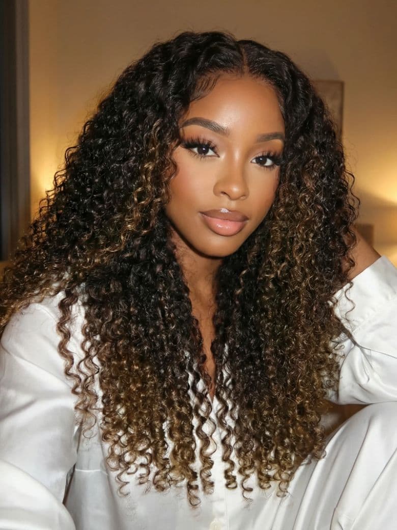 [From 18 Inch] EasiContour™ V Part Black to Chestnut Brown Jerry Curly Drawstring Wig 150% Density Protect Your Natural Hair