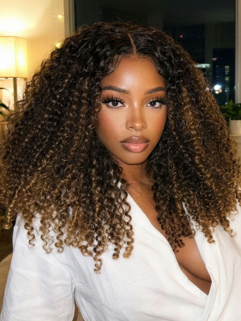 [US Only] [Only 35 new users needed] 16 Inch 7x5 Bye Bye Slip™Glueless Lace Black to Chestnut Brown Ombre Burmese Curly With Finger Coil Ends Wig