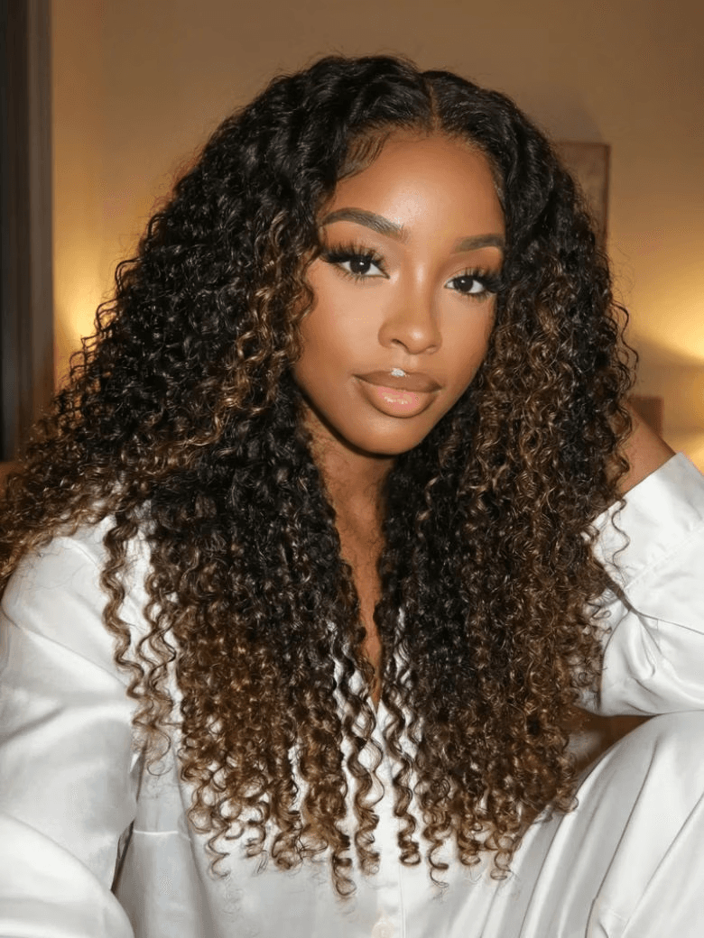 UNice 7x5 Bye Bye Slip™ Lace Black with Golden Brown Highlights Kinky Curly Wig with Invisi Drawstring