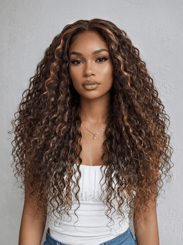 [Invisi Drawstring] From 20" Bye-Bye Knots™ 7x5 Lace Dark Toffee Brown with Auburn Highlights Water Wave Wig