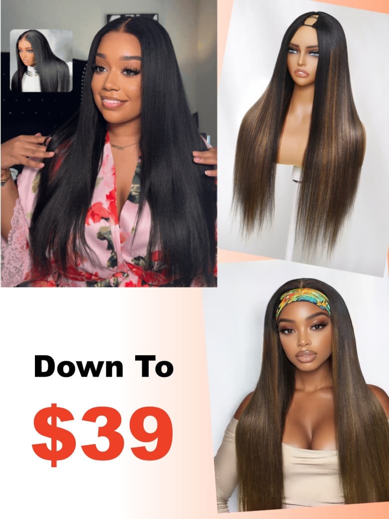 7x5 Bye Bye Knots Pre Cut Pre Bleached Glueless Lace/ V part/Headband Yaki Straight Wig 150% Density