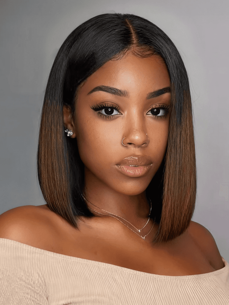 UNice 7x5 Bye-Bye Slip & 13x4 Lace Black to Chestnut Brown Ombre Yaki Bob Drawstring Wig