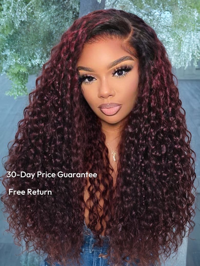 UNice 13x4 Pre-Everything Wig Burgundy Plum With Dark Roots Water Wave Wig
