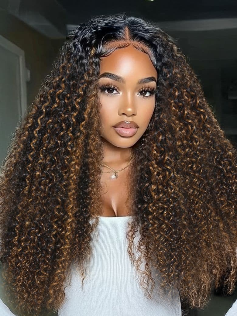 UNice EasiContour™ V Part Brown Highlights with Dark Roots Jerry Curly/Yaki Straight Drawstring Glueless Wig