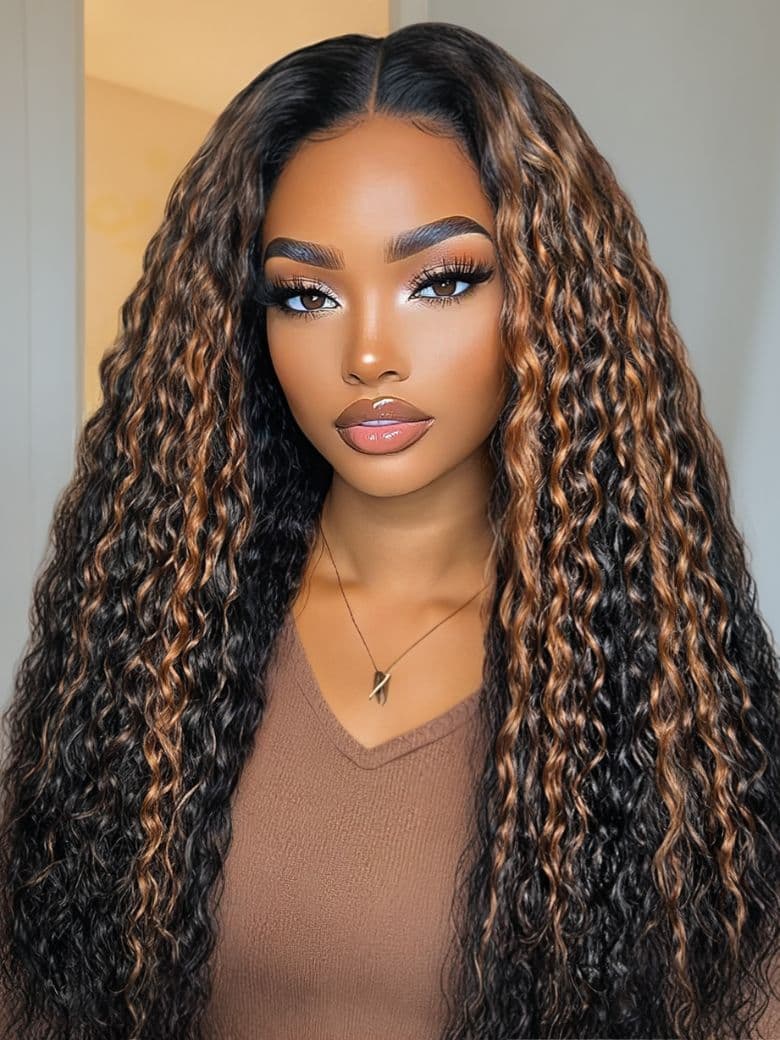 Bye-Bye Knots™ 7x5 Lace Black with Caramel Piano Highlights Water Wave Wig With Invisi Drawstring 150% Density