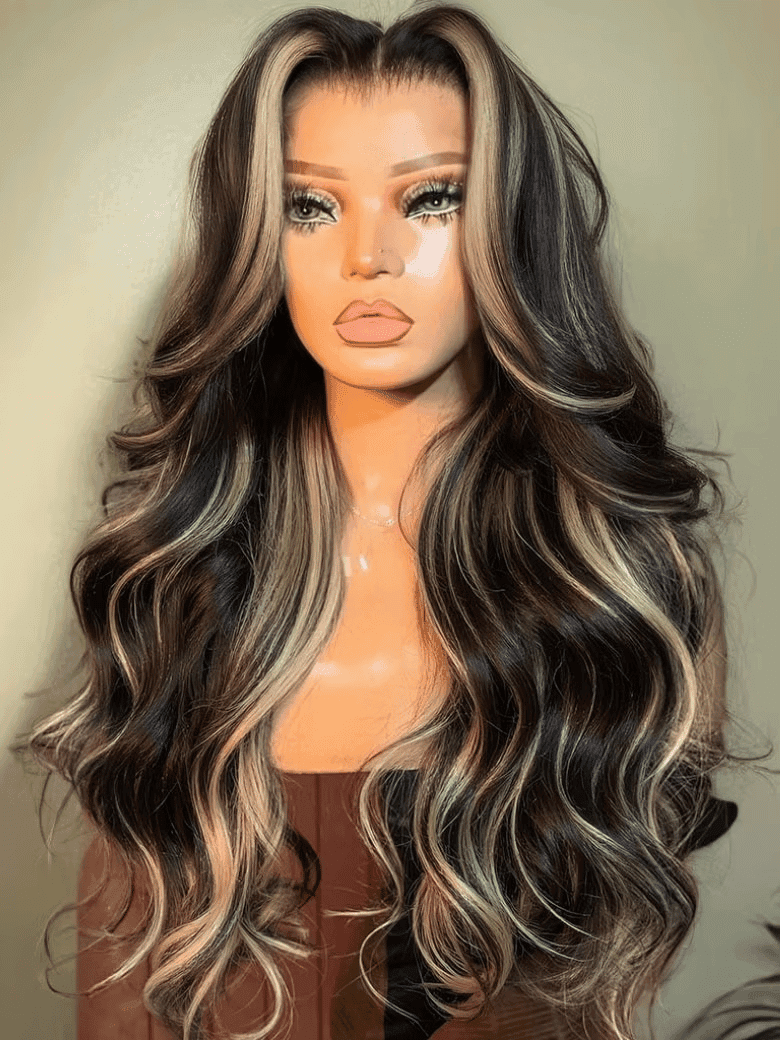 7x5 Bye-Bye Knots™ Glueless Lace Loose Wave Butterscotch Highlights Brown with Free Face Framing Bangs Wig
