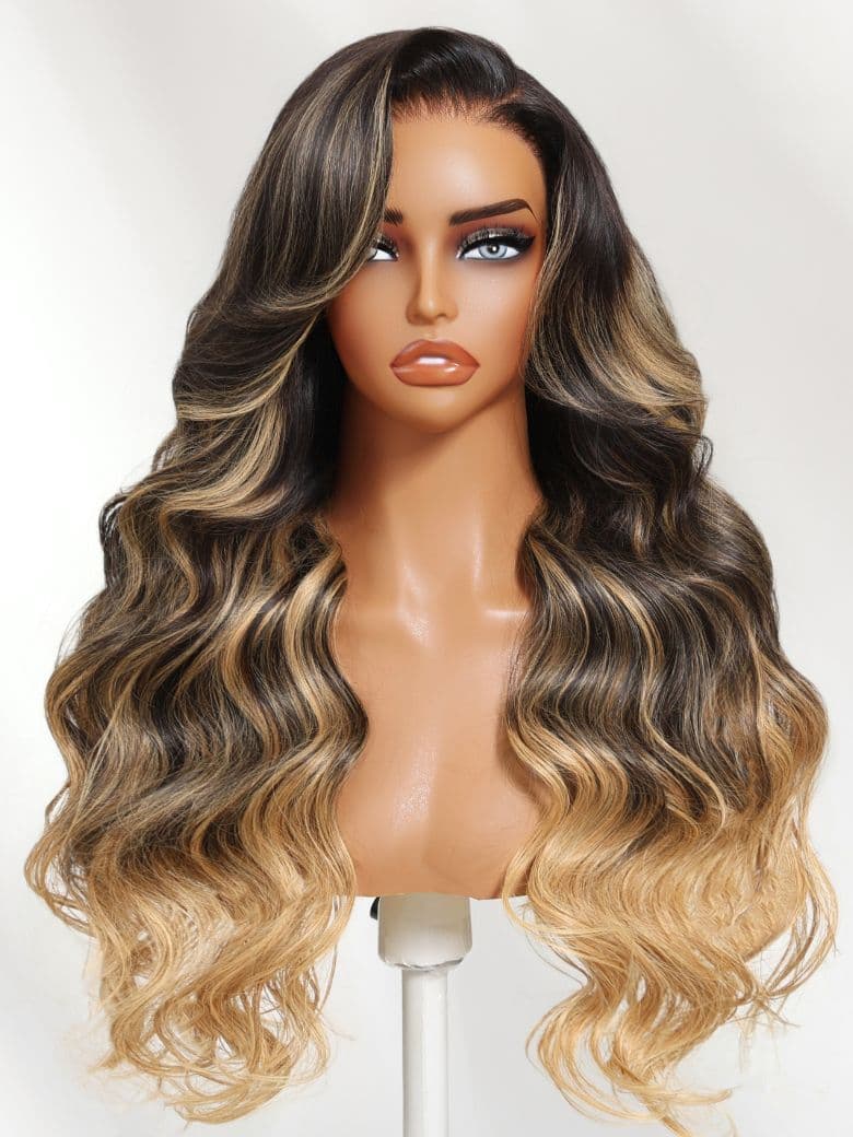 Bye-Bye Knots™ Black With Blonde Highlights 7x5 Lace Loose Wave Wig With Face Framing Layers