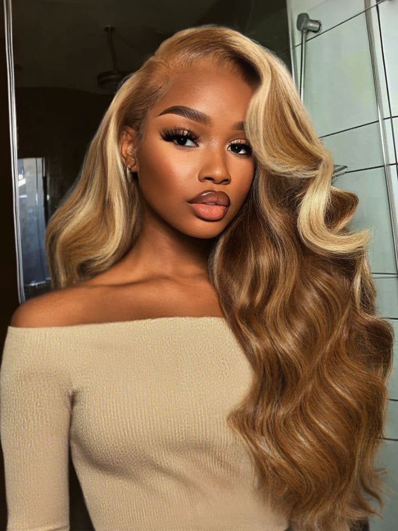 UNice 13x4 Pre-Everything Lace Frontal Honey Blonde Highlights Fluffy Loose Wave Curtain Bangs Wig
