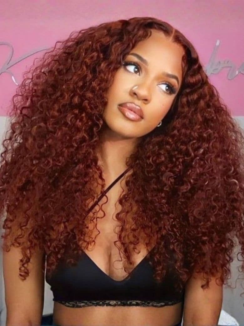 7x5 Bye Bye Knots Reddish Brown Kinky Curly & Straight & 13x4 Pre Everything Loose Wave With Wispy Bang Bleached Knots Wig