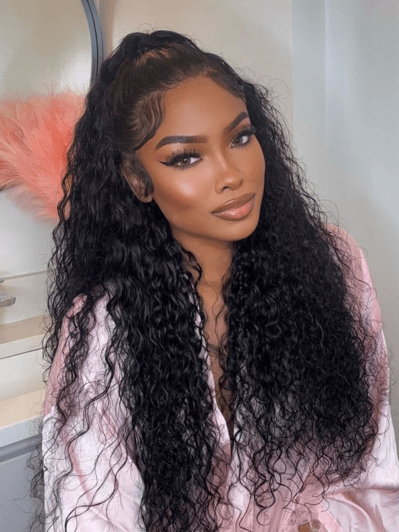 7x5 Bye Bye Knots & 13x4 Pre-Everything™ Lace Frontal Natural Black & Golden Brown Highlights Water Wave Curly Drawstring No Baby Hair