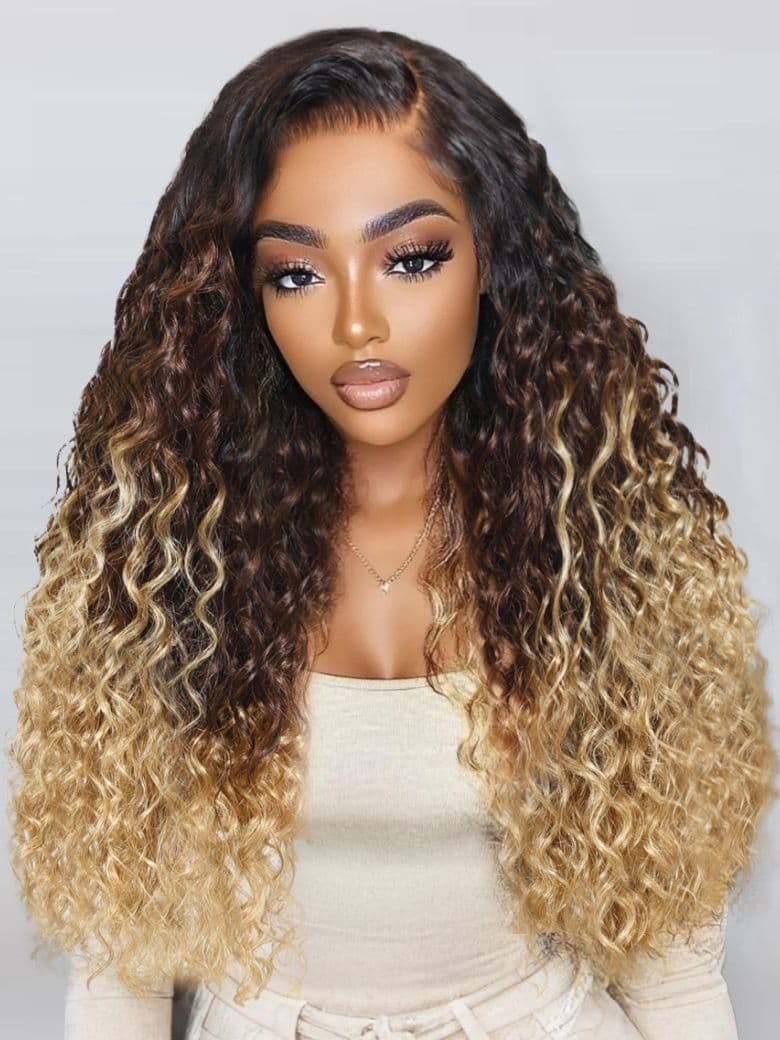 UNice Bye-Bye Knots 7x5 Lace Black to Brown to Blonde Ombre Water Wave Wig with Invisi Drawstring