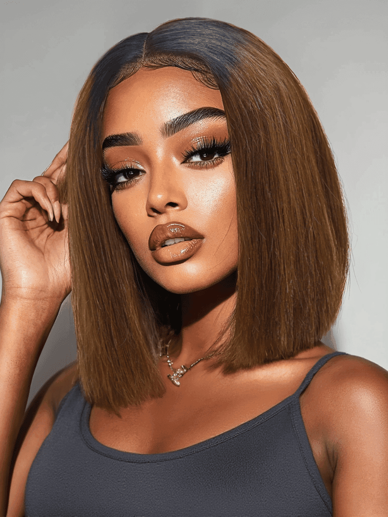 200% Density 2x6 Closure #4 Brown With Dark Root Bob Wig