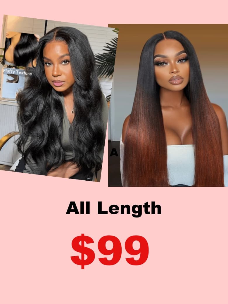 Natural Black Yaki V Part Real Scalp Wig with Soft Layers& Black to Reddish Brown Ombre Yaki Straight Glueless Wig 150% Density