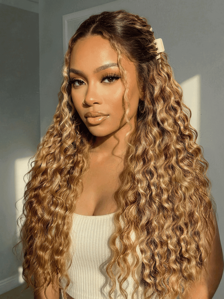 13x4 Bye Bye Slip™ Lace Frontal Caramel Brown With Honey Blonde Highlights Water Wave Glueless Drawstring Wig